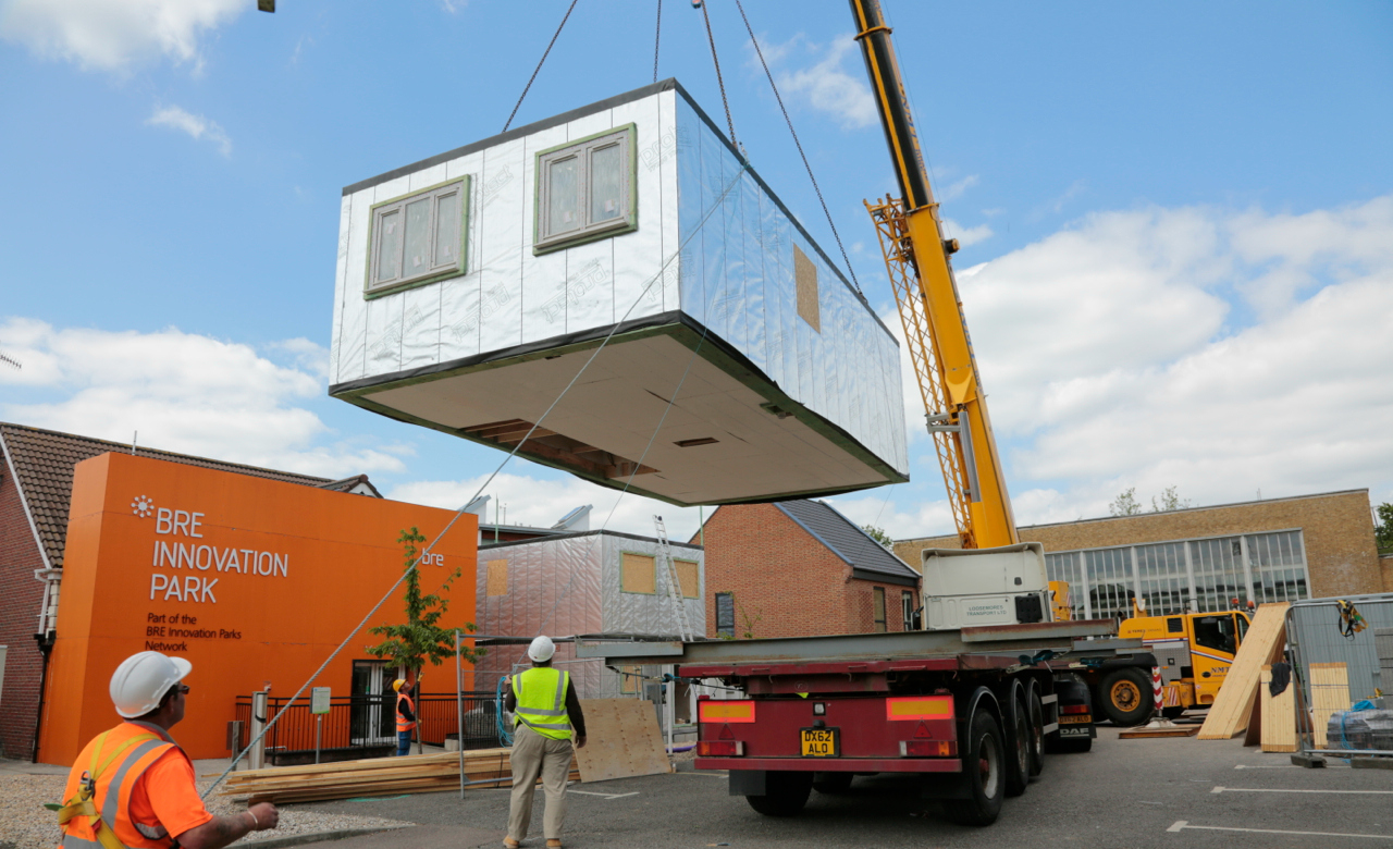 BRE image of crane lifting pre-made building part